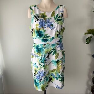 Laura Petites Floral Midi Dress Sleeveless White Blue Turquoise Size 14